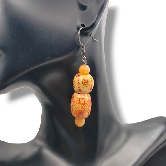 African Sese Wood Bead Dangle Drop Hook Earrings Boho Lightweight - Picture 2 of 6
